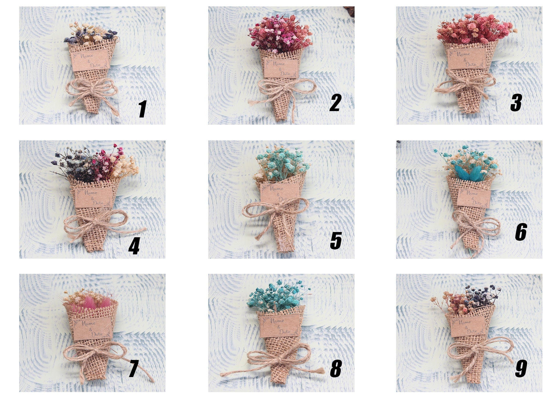 Personalized Mini Dried Flowers Cone Bouquet with Jute Rope for Guest Favors