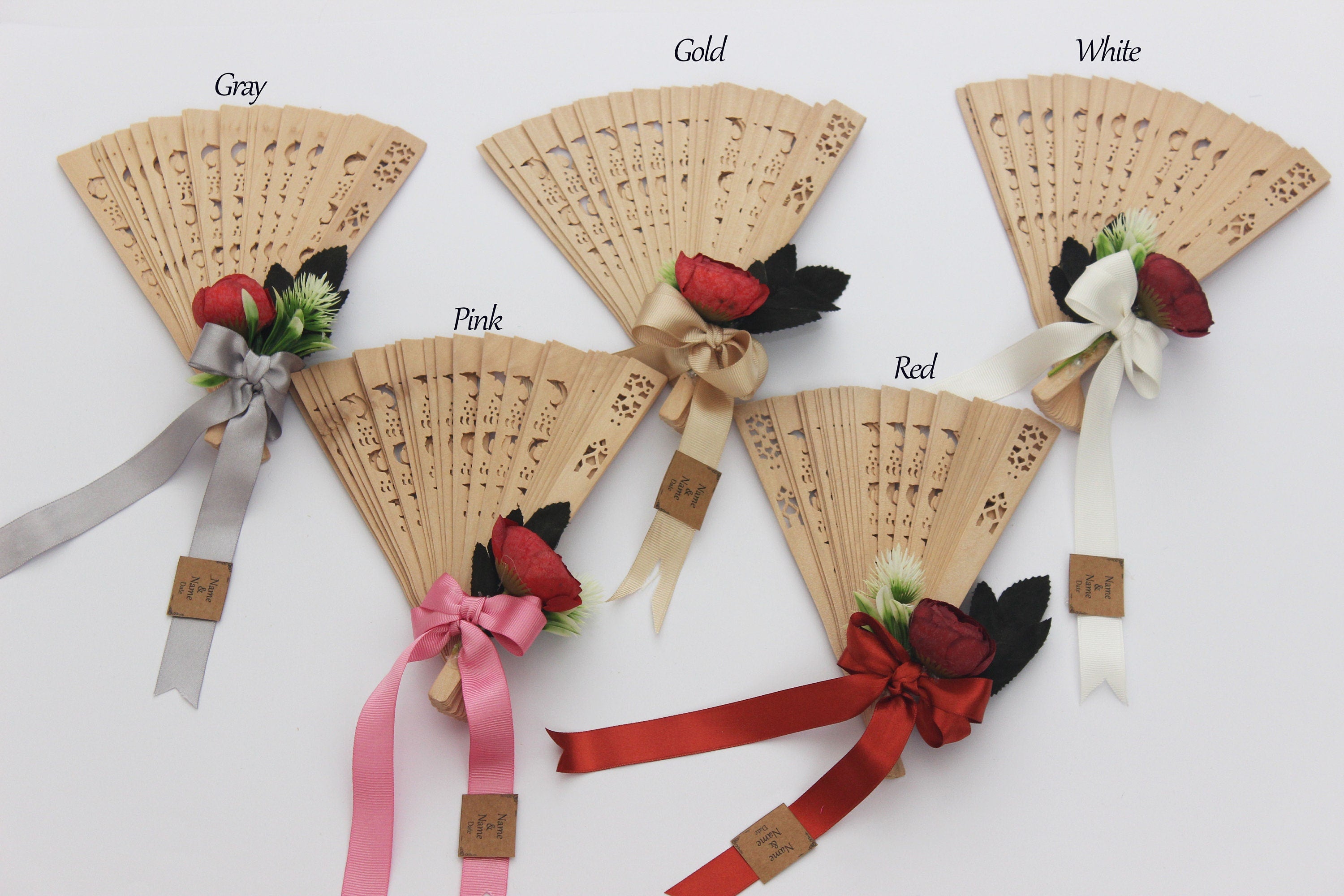 Personalized Bamboo Fan For Guest Favors With Big Rose