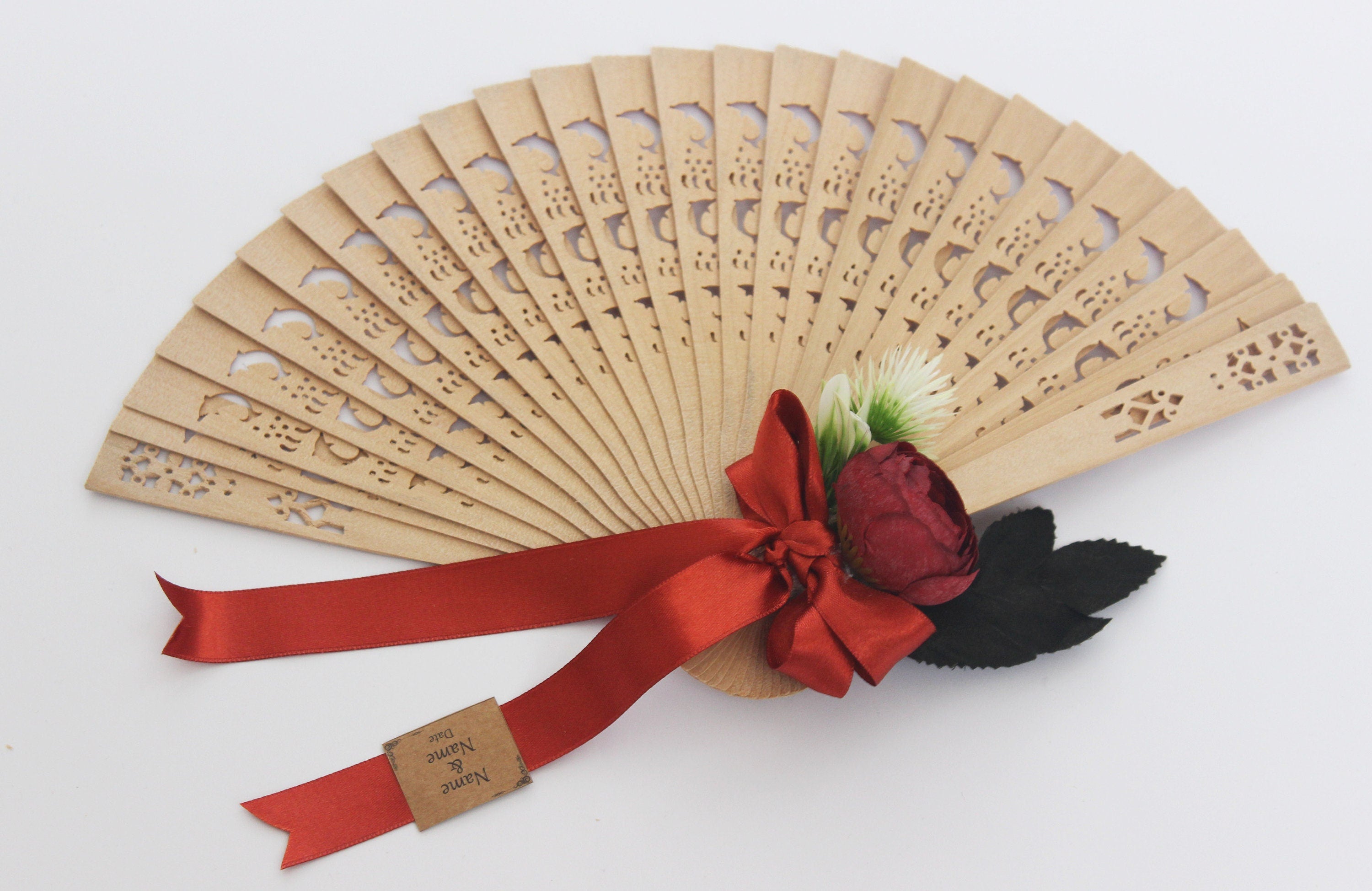 Personalized Bamboo Fan For Guest Favors With Big Rose