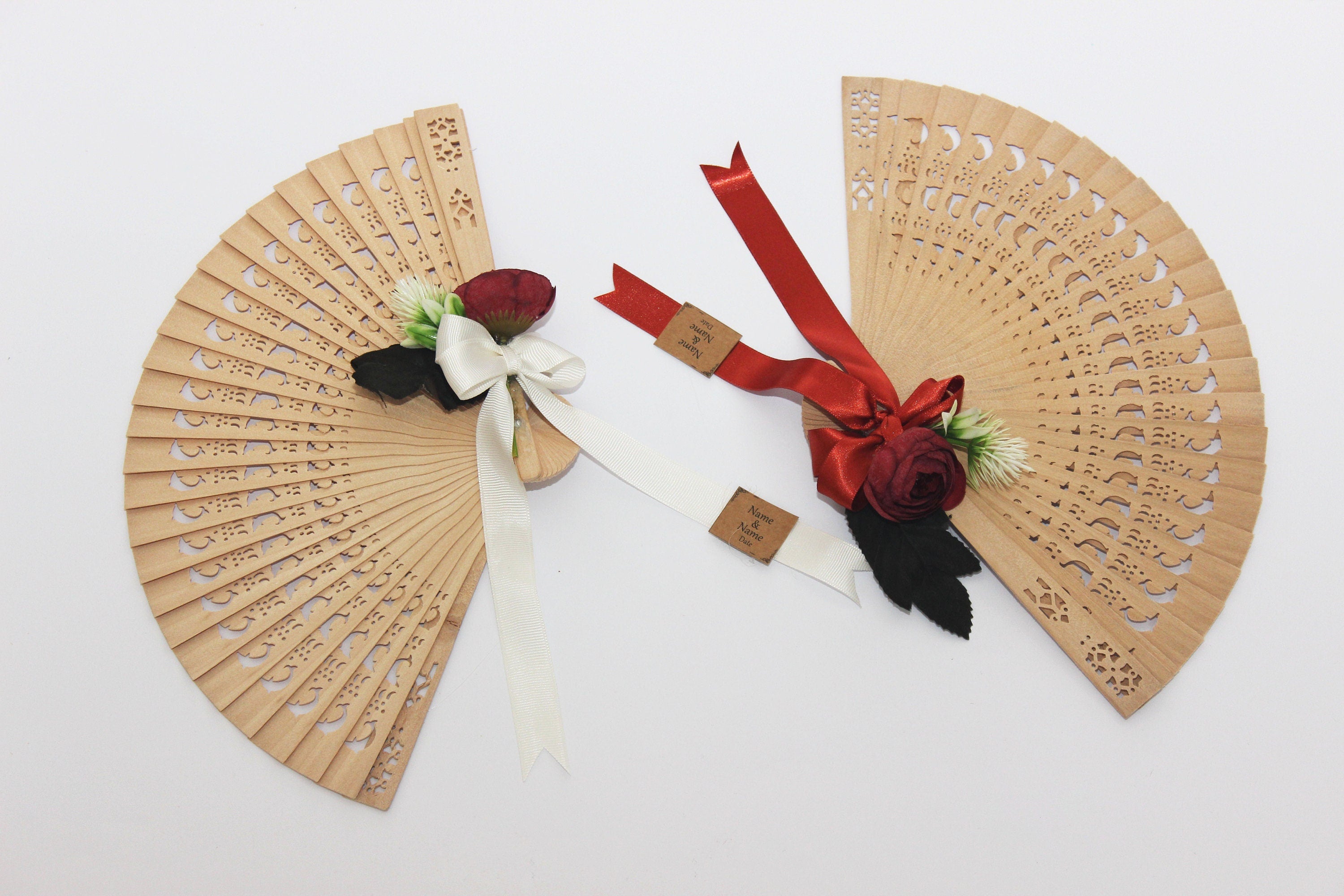 Personalized Bamboo Fan For Guest Favors With Big Rose