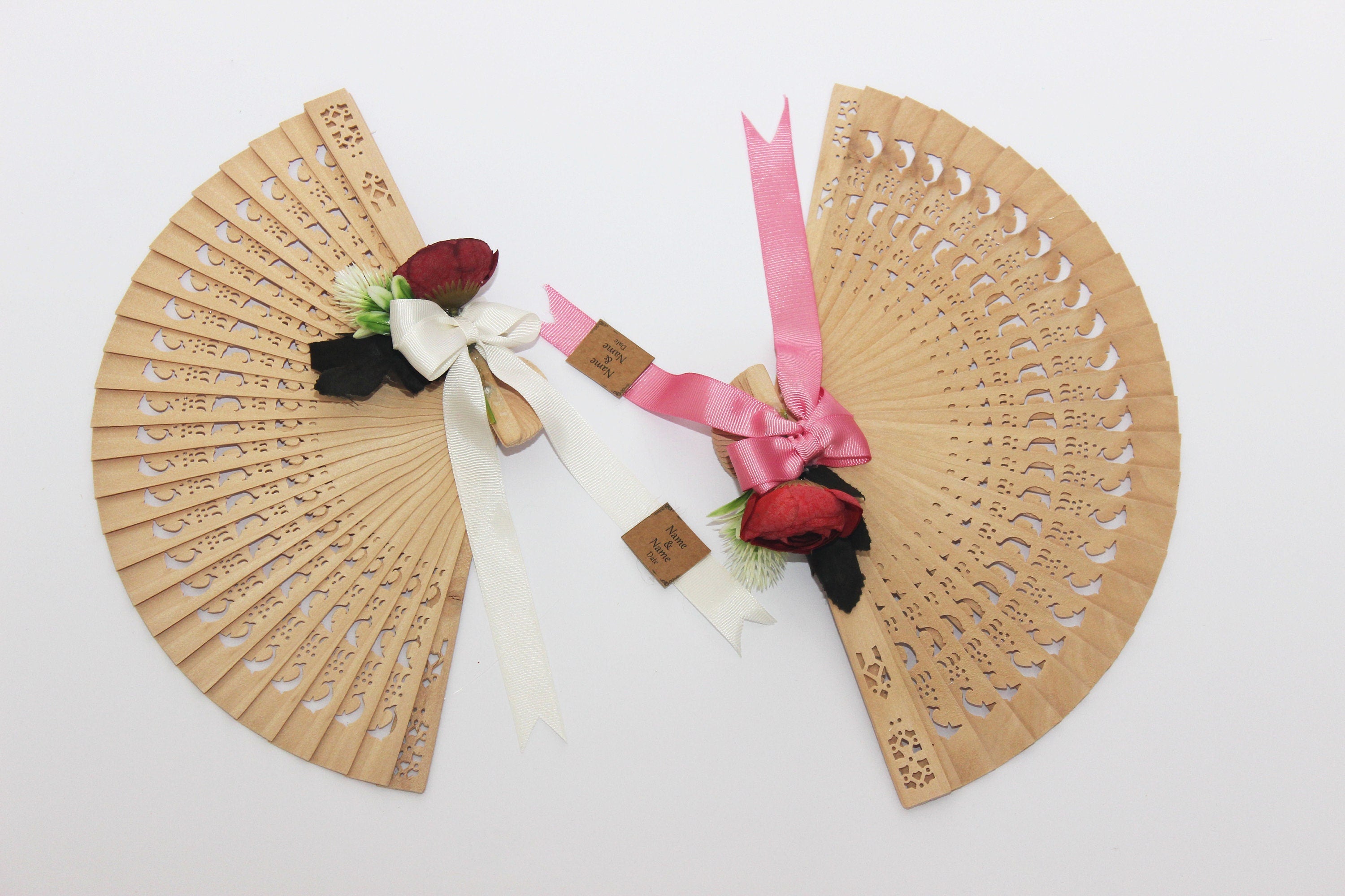 Personalized Bamboo Fan For Guest Favors With Big Rose