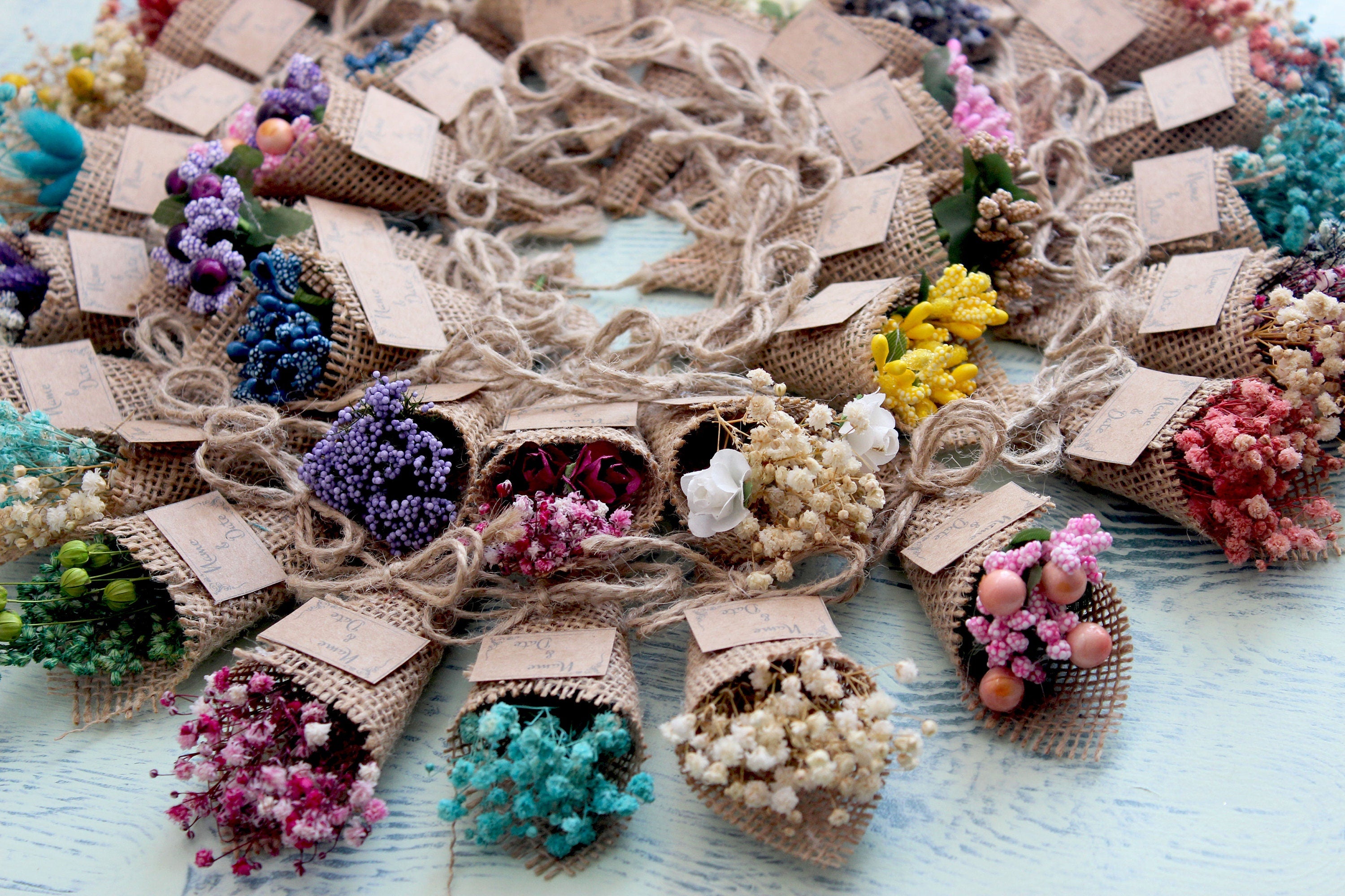 Personalized Mini Dried Flowers Cone Bouquet with Jute Rope for Guest Favors