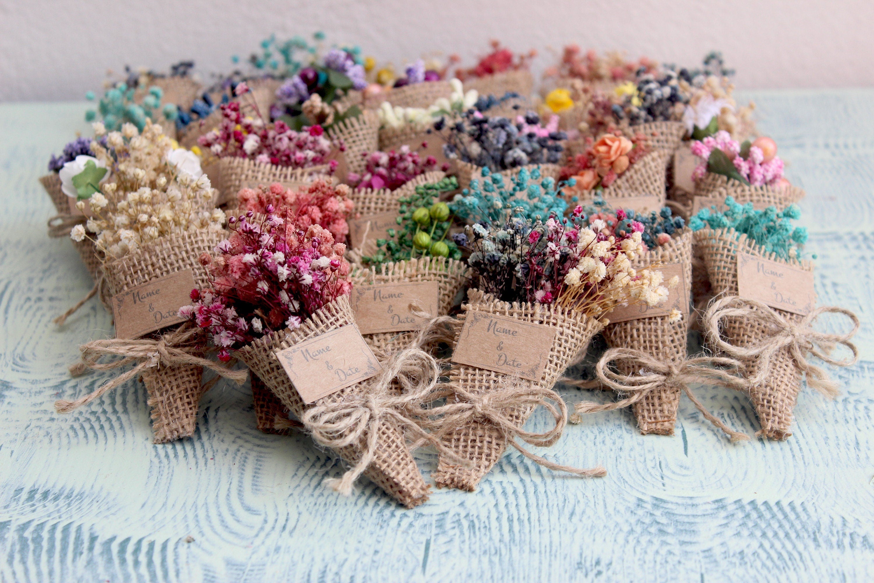 Personalized Mini Dried Flowers Cone Bouquet with Jute Rope for Guest Favors