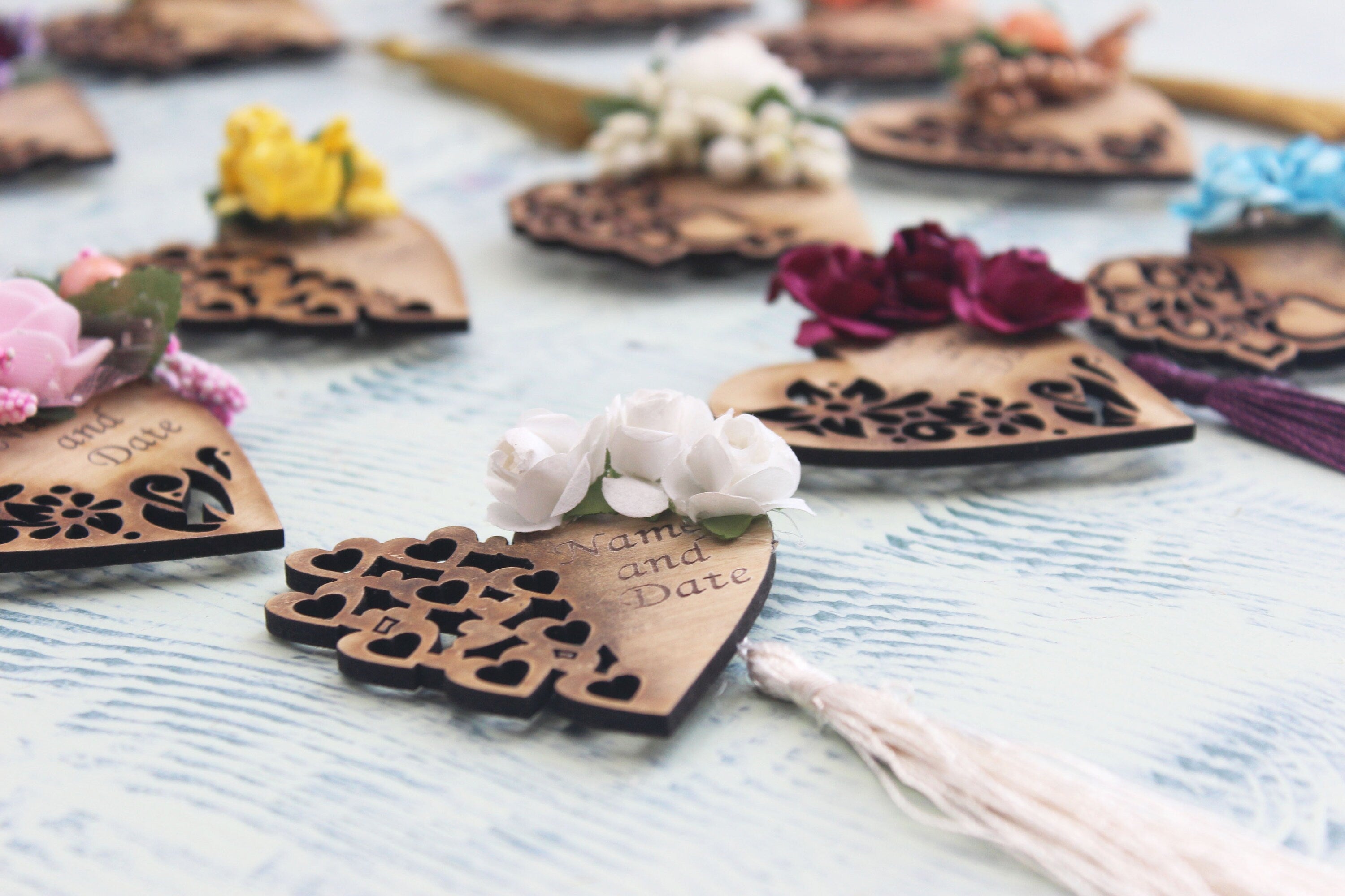 Personalized Lazer Cutting Magnet Favors for Guests with Flowers