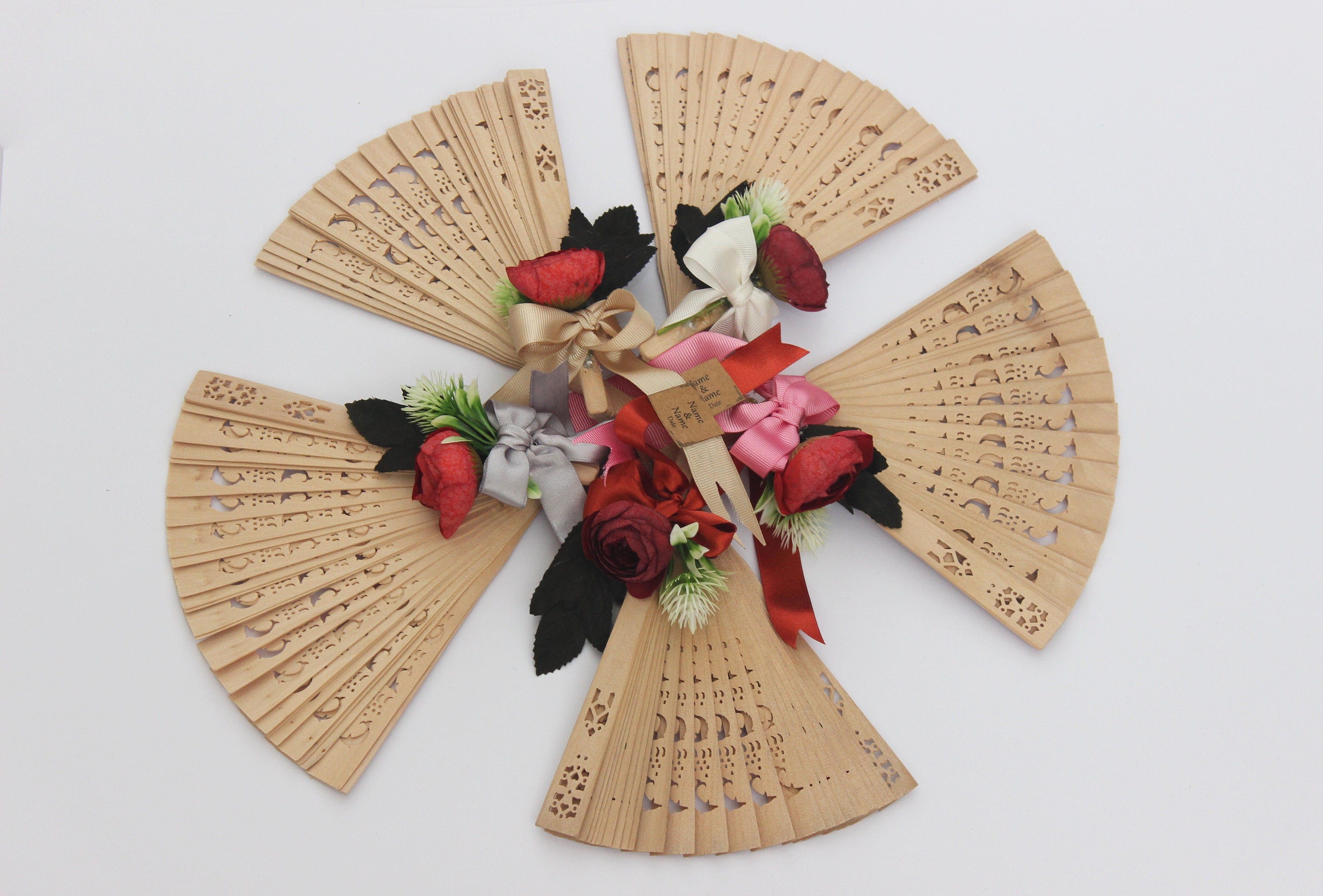 Personalized Bamboo Fan For Guest Favors With Big Rose