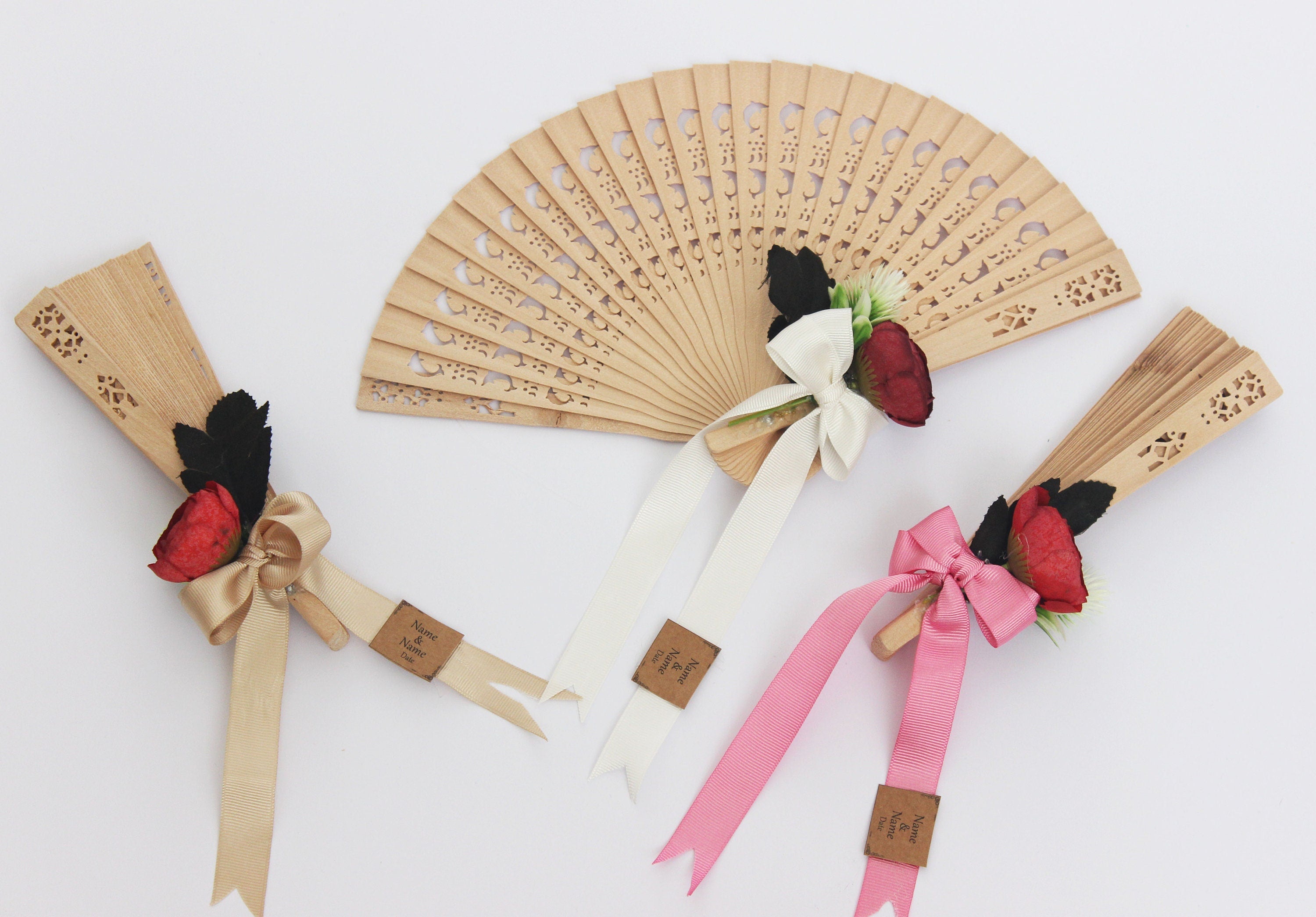 Personalized Bamboo Fan For Guest Favors With Big Rose