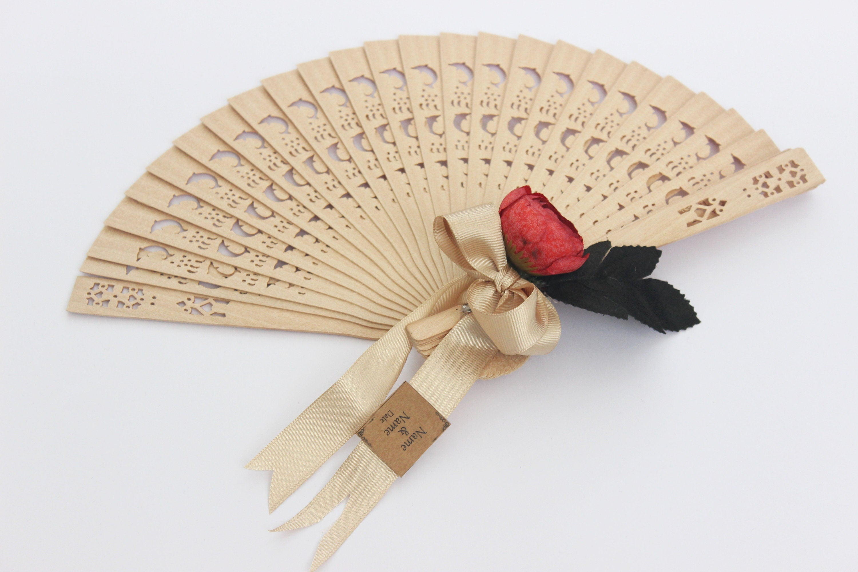 Personalized Bamboo Fan For Guest Favors With Big Rose