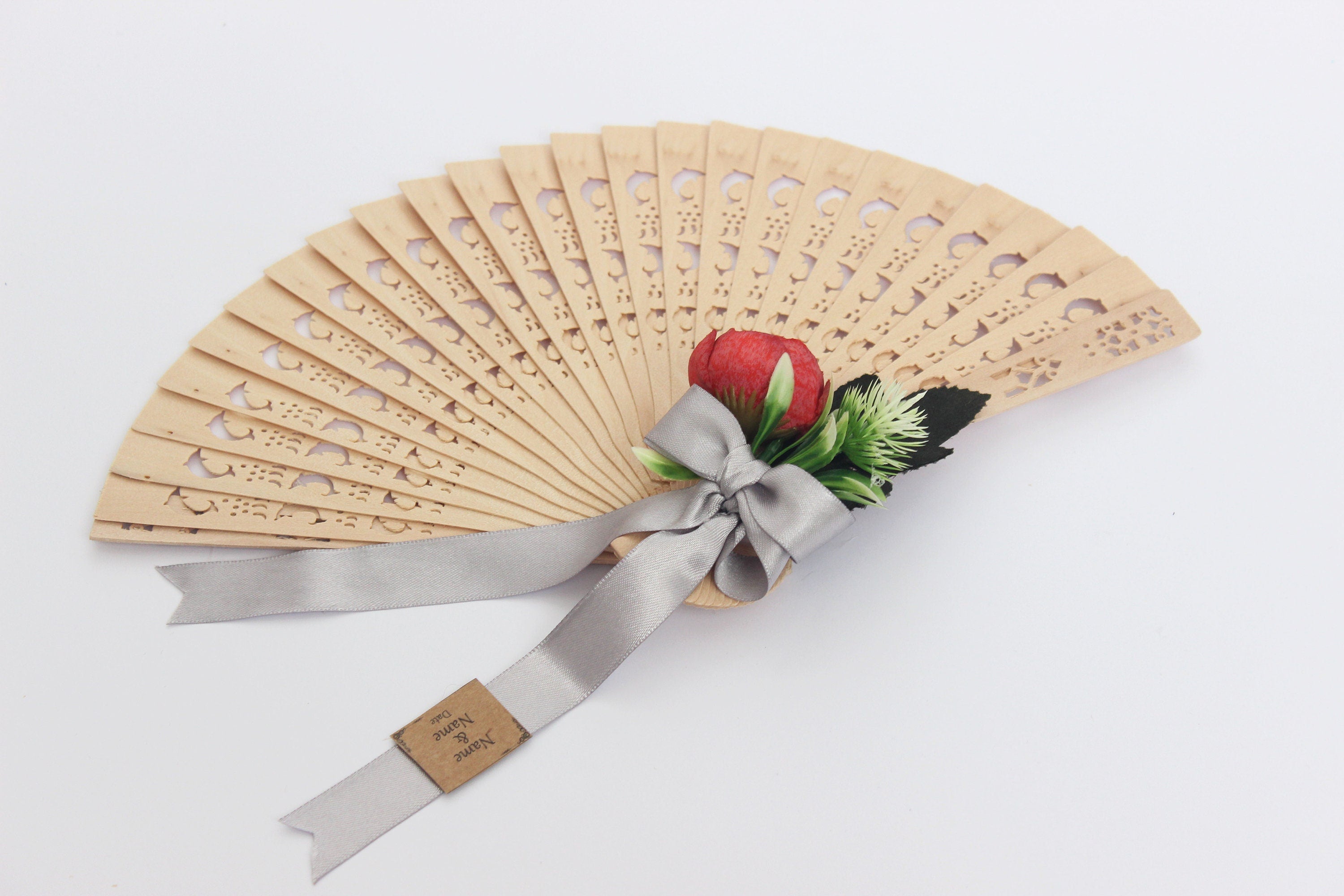 Personalized Bamboo Fan For Guest Favors With Big Rose