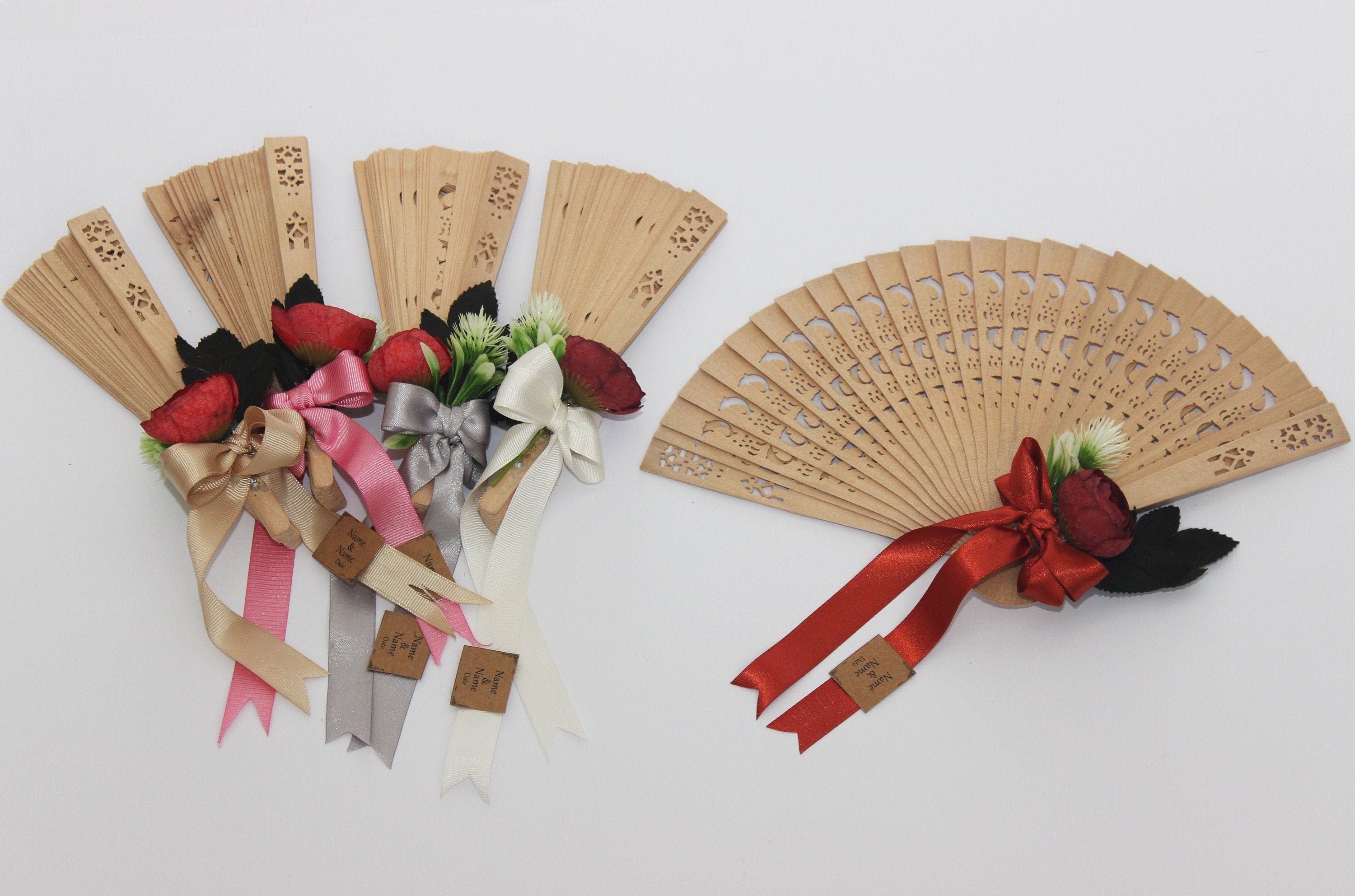 Personalized Bamboo Fan For Guest Favors With Big Rose