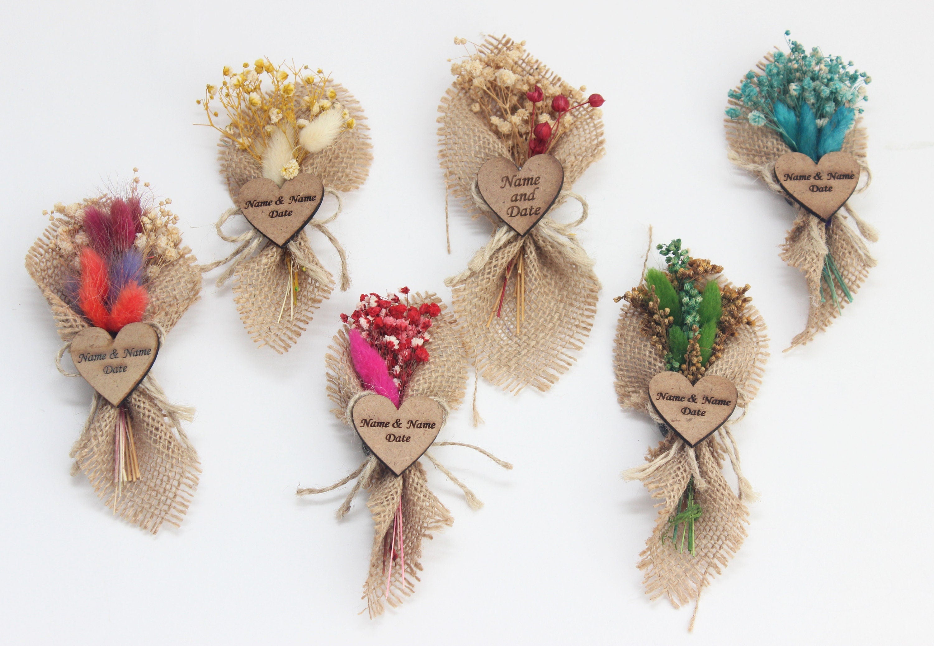 Personalized Mini Dried Flowers Shir Bouquet with Jute Rope for Guest Favors