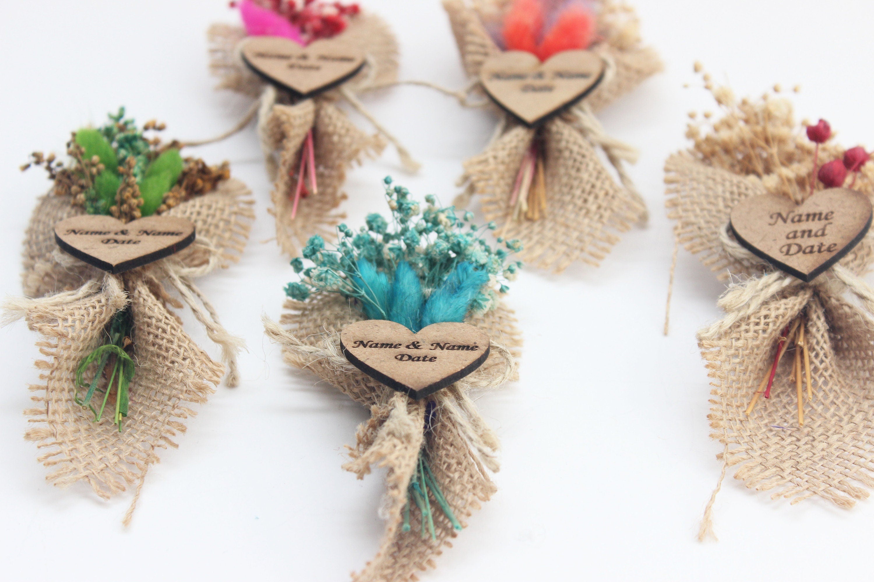 Personalized Mini Dried Flowers Shir Bouquet with Jute Rope for Guest Favors