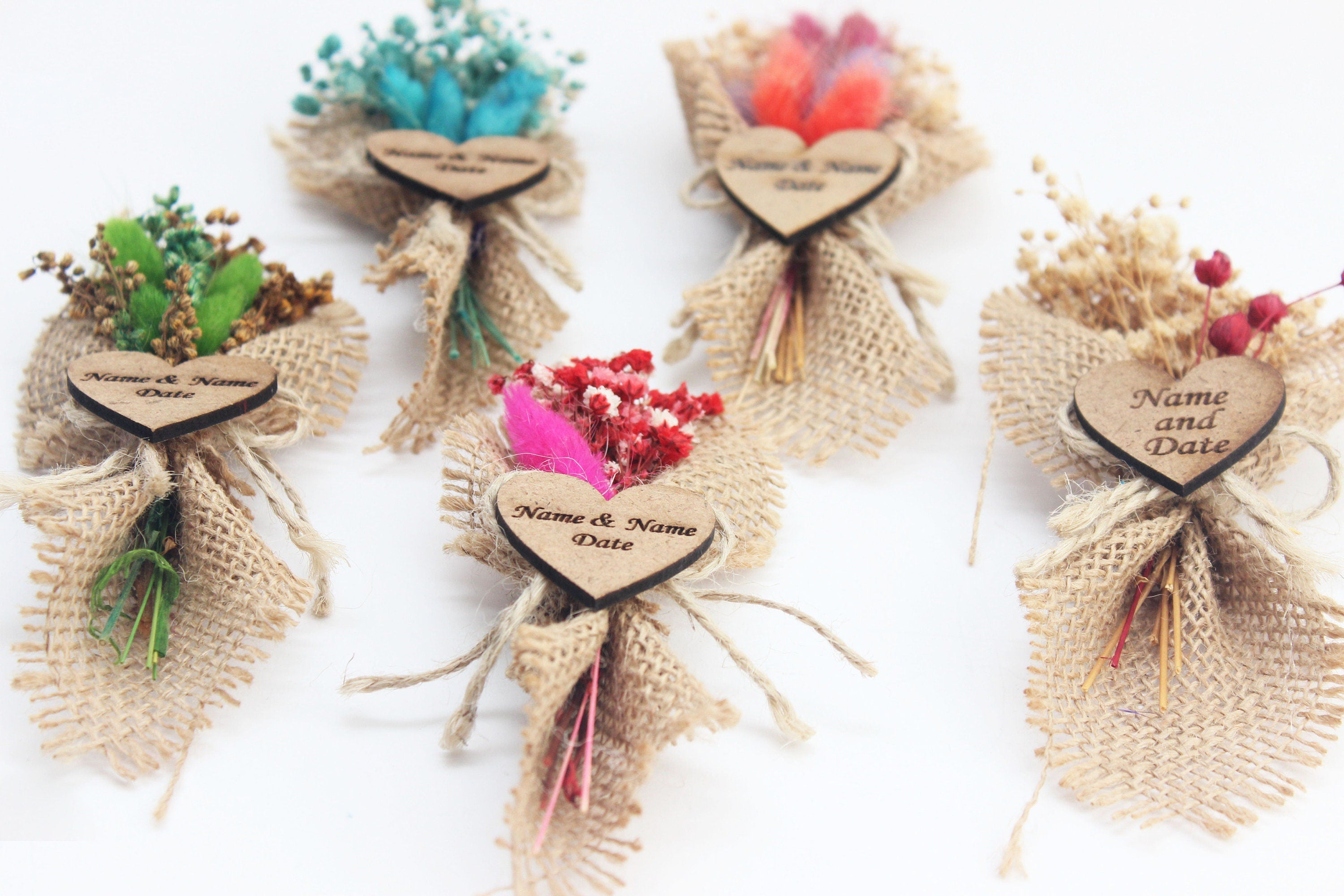 Personalized Mini Dried Flowers Shir Bouquet with Jute Rope for Guest Favors