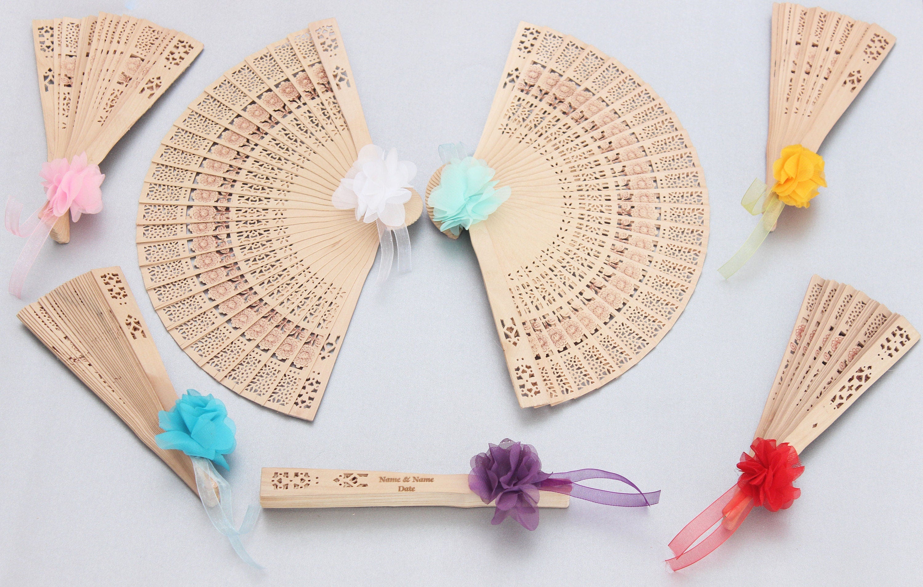 Personalized Bamboo Fan For Guest Favors With Tulle with Flower Decorations