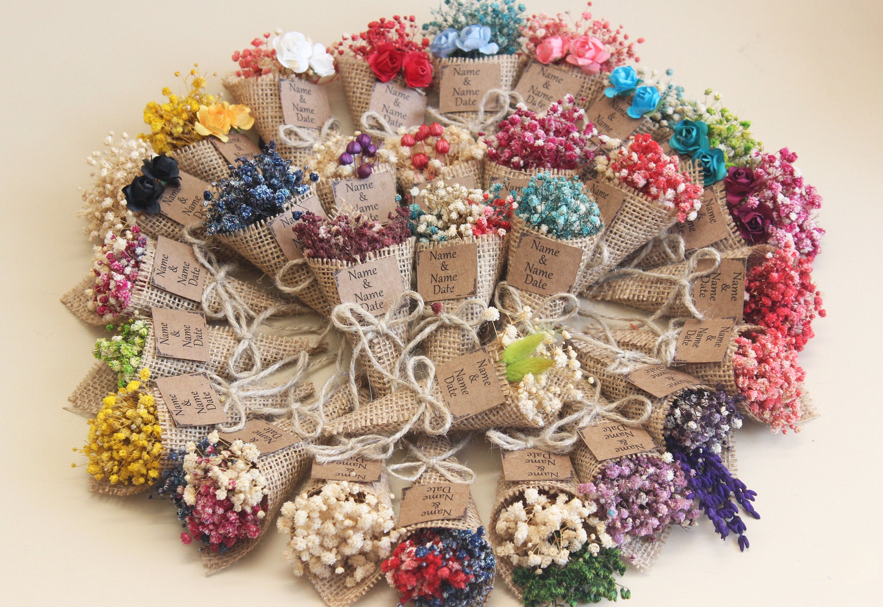 Personalized Mini Dried Flowers Cone Bouquet with Jute Rope for Guest Favors