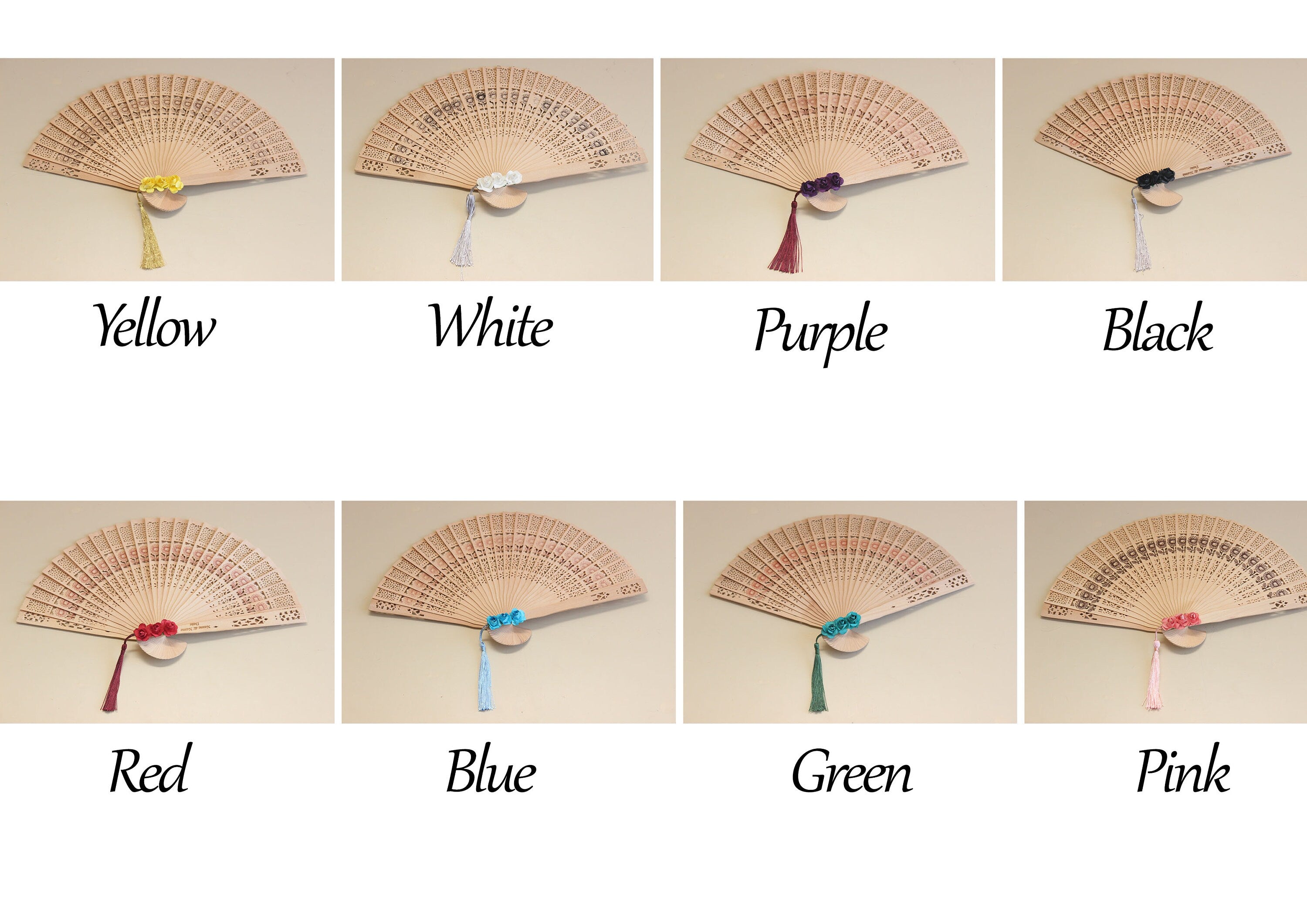 Personalized Bamboo Fan For Guest Favors With Three Paper Flower and Tassel Decorations