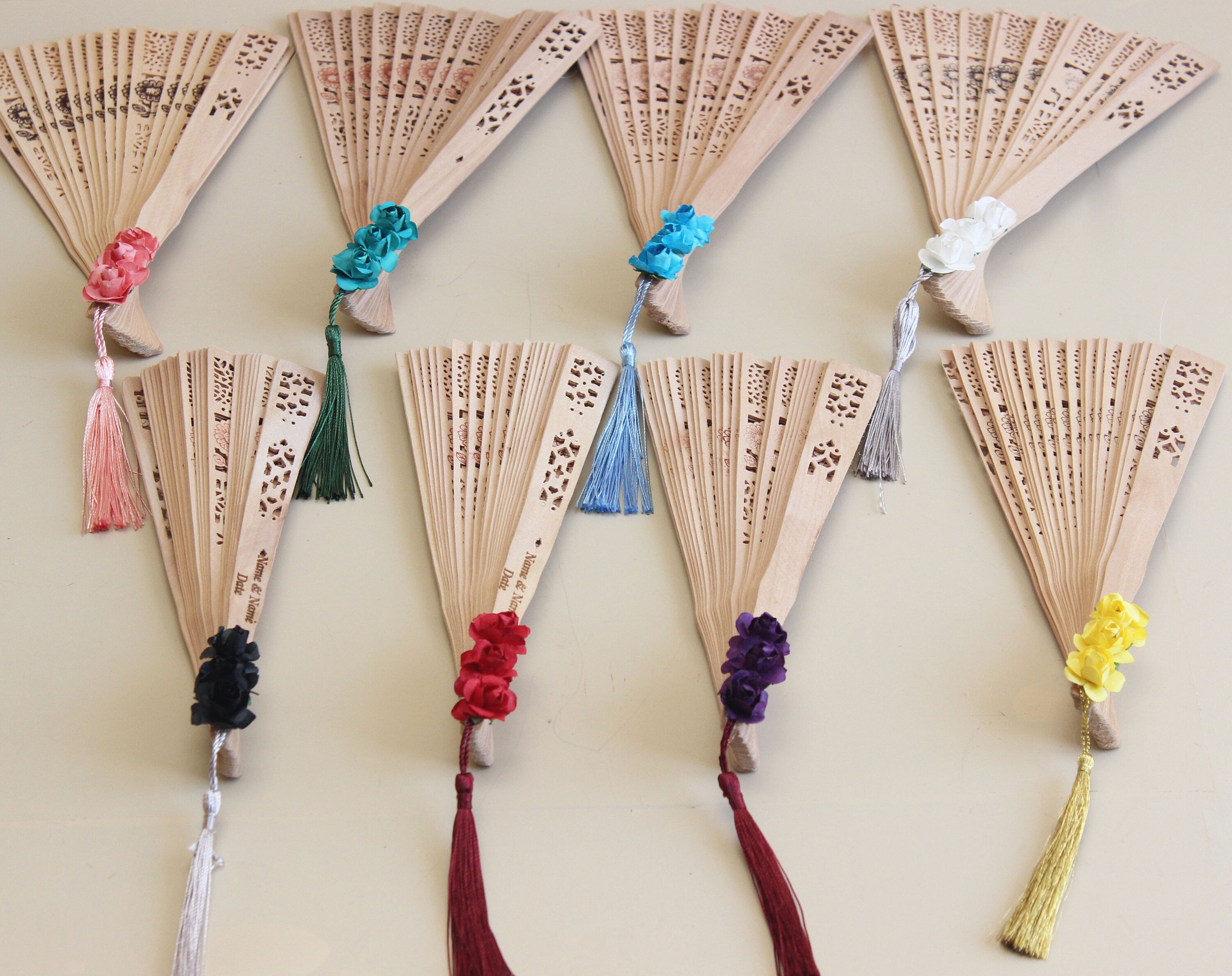 Personalized Bamboo Fan For Guest Favors With Three Paper Flower and Tassel Decorations