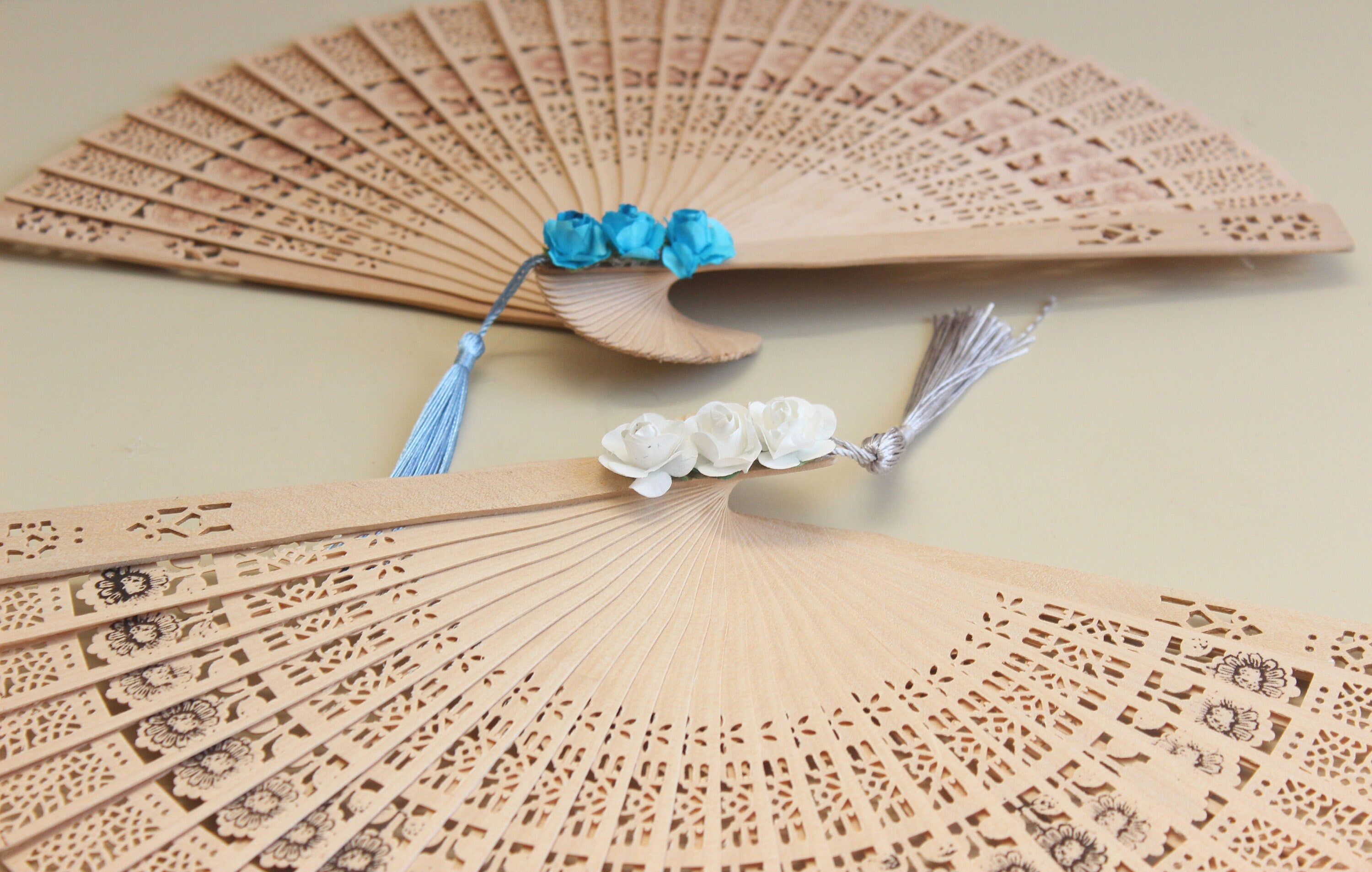 Personalized Bamboo Fan For Guest Favors With Three Paper Flower and Tassel Decorations