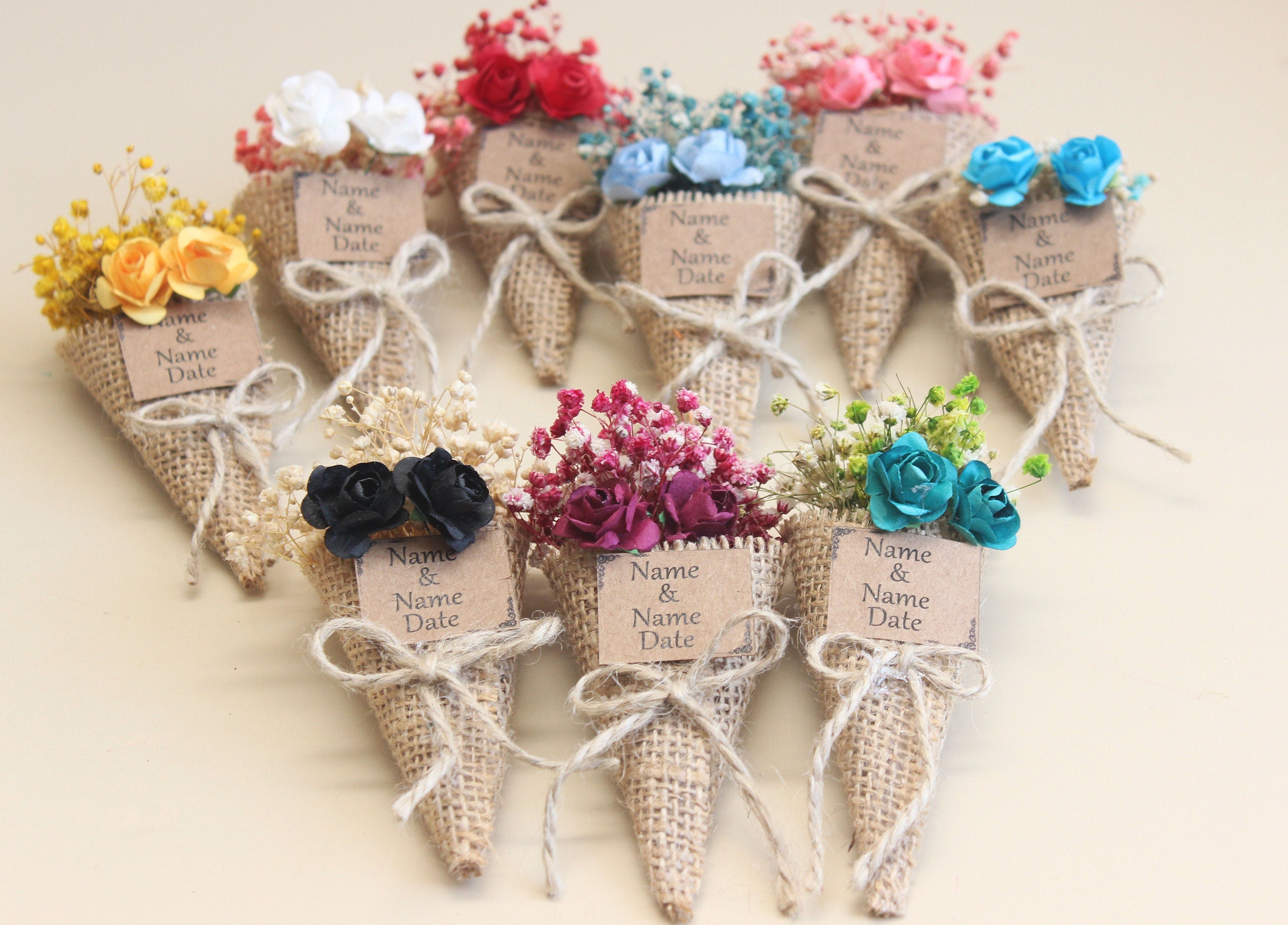 Personalized Mini Dried Flowers Cone Bouquet with Jute Rope for Guest Favors