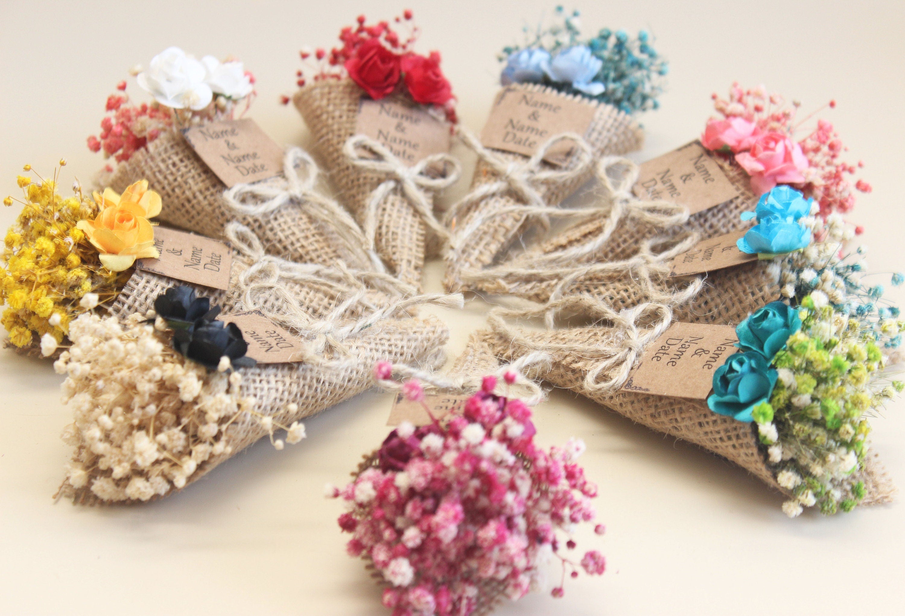 Personalized Mini Dried Flowers Cone Bouquet with Jute Rope for Guest Favors