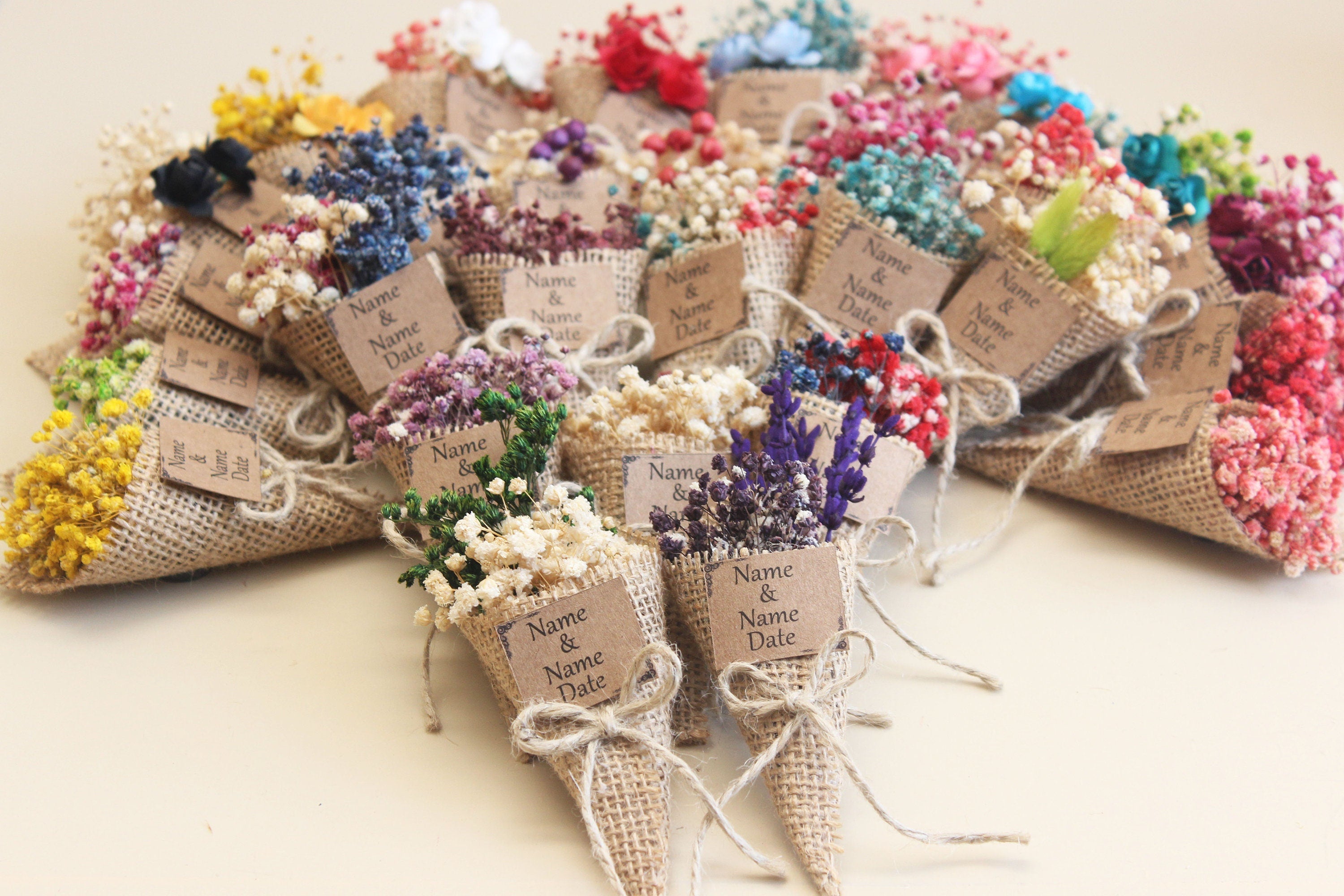 Personalized Mini Dried Flowers Cone Bouquet with Jute Rope for Guest Favors