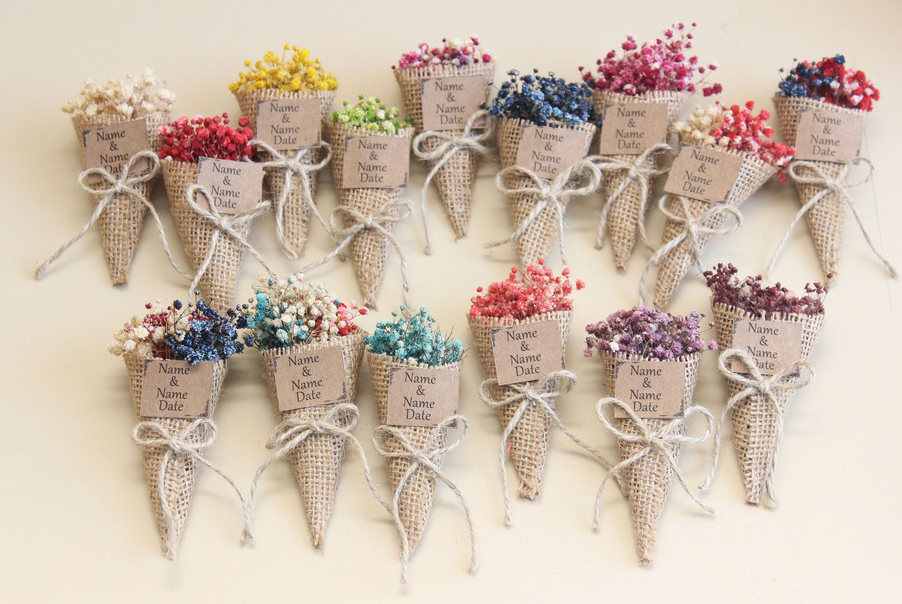 Personalized Mini Dried Flowers Cone Bouquet with Jute Rope for Guest Favors