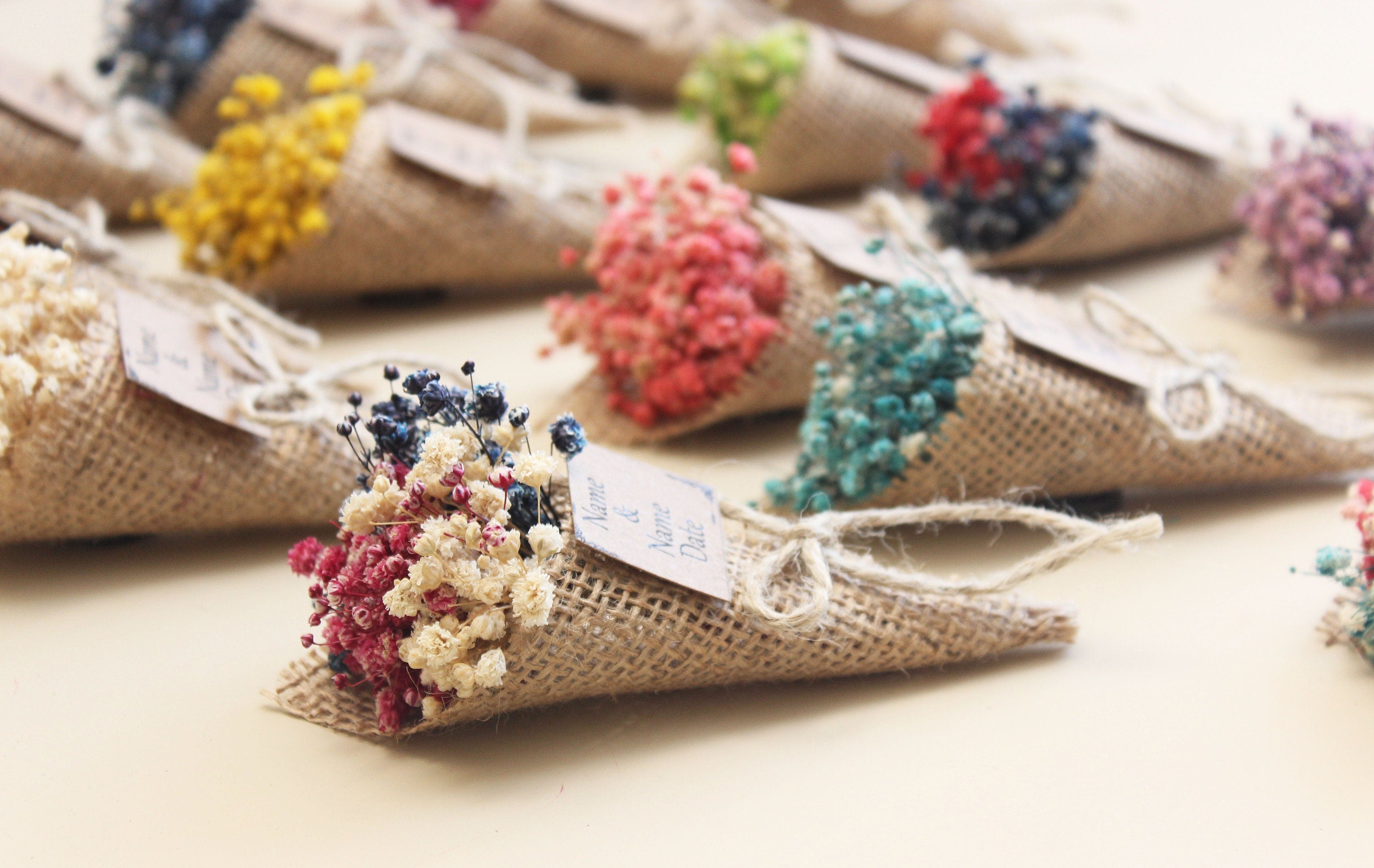 Personalized Mini Dried Flowers Cone Bouquet with Jute Rope for Guest Favors