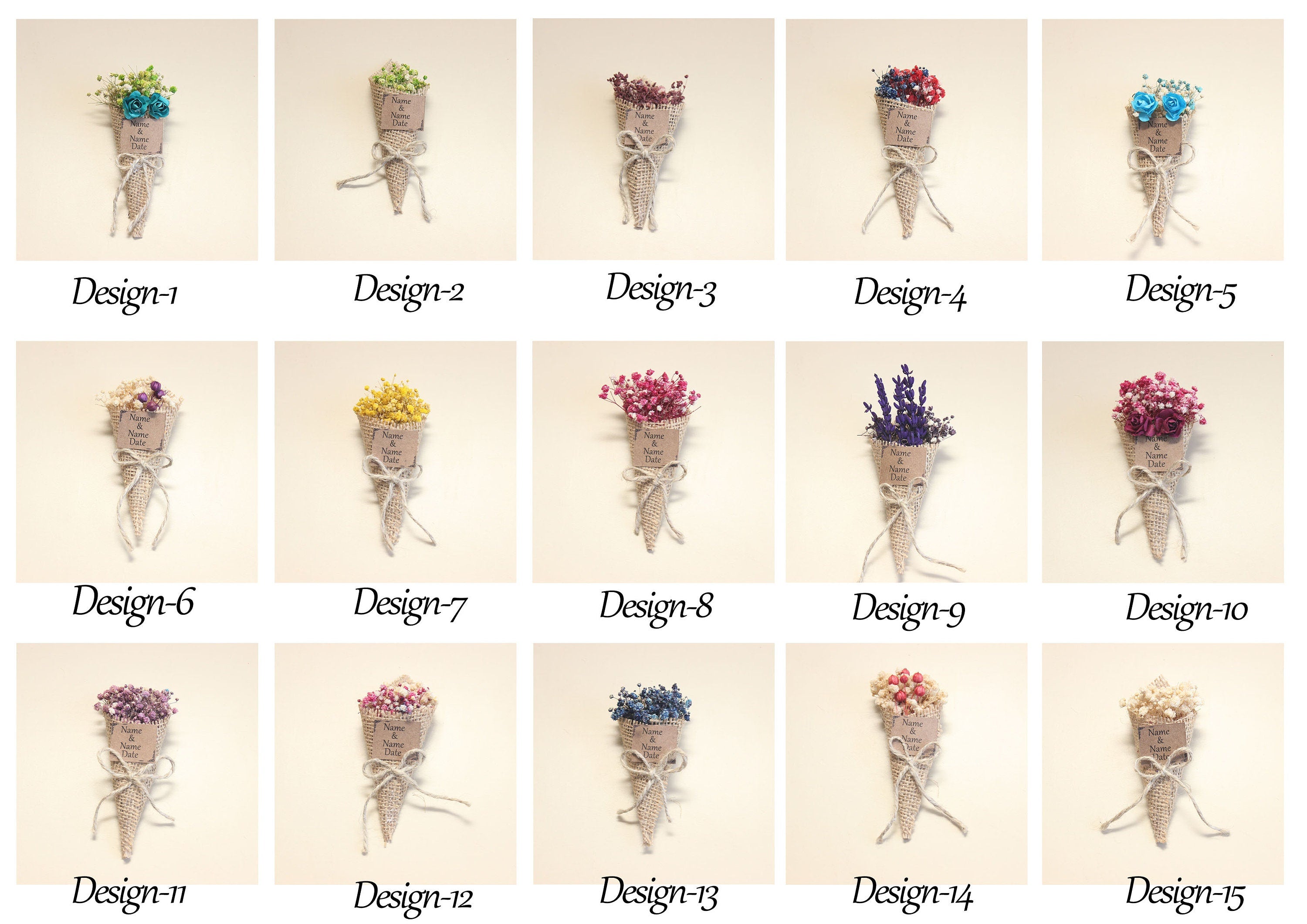 Personalized Mini Dried Flowers Cone Bouquet with Jute Rope for Guest Favors