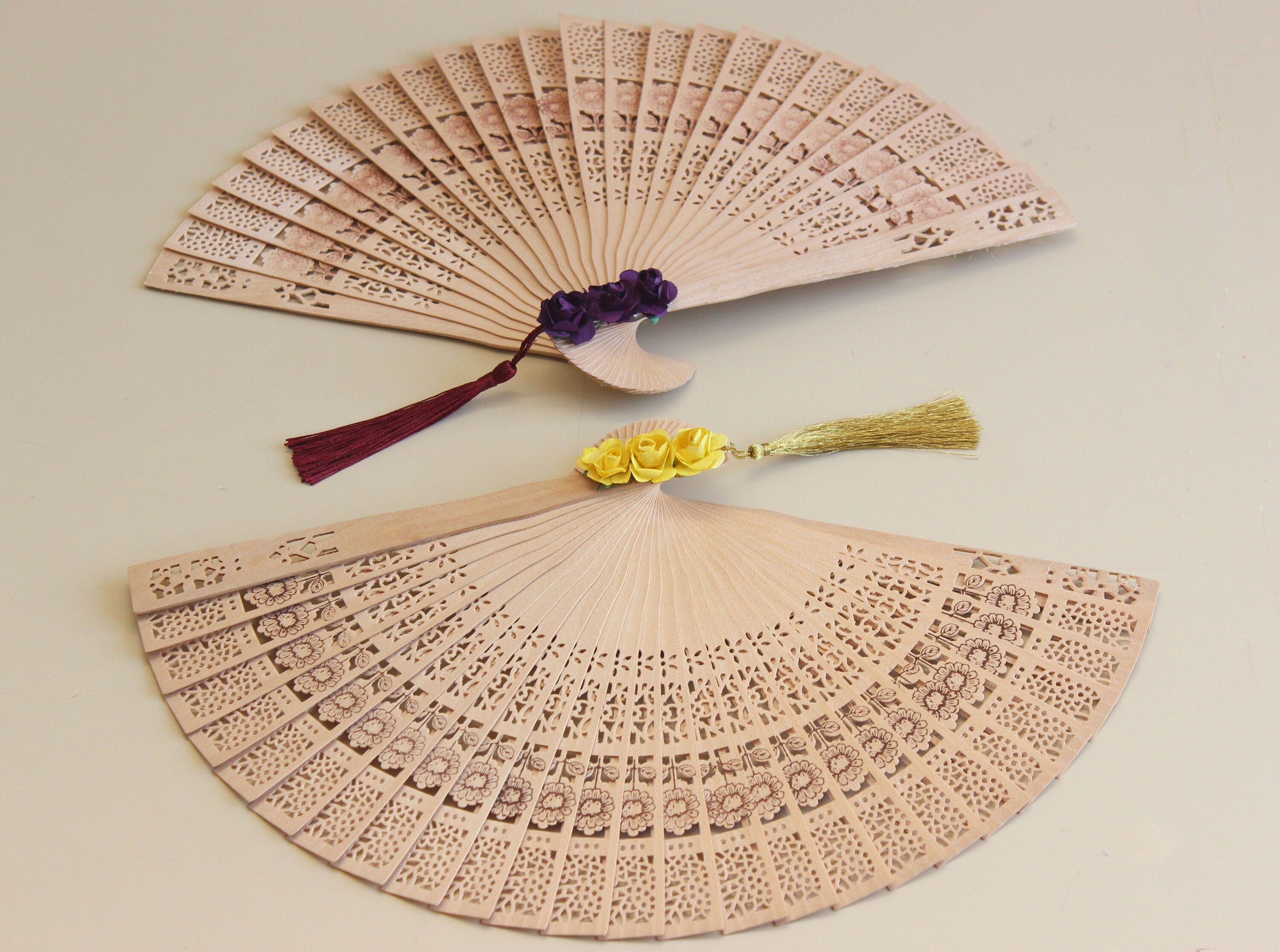 Personalized Bamboo Fan For Guest Favors With Three Paper Flower and Tassel Decorations