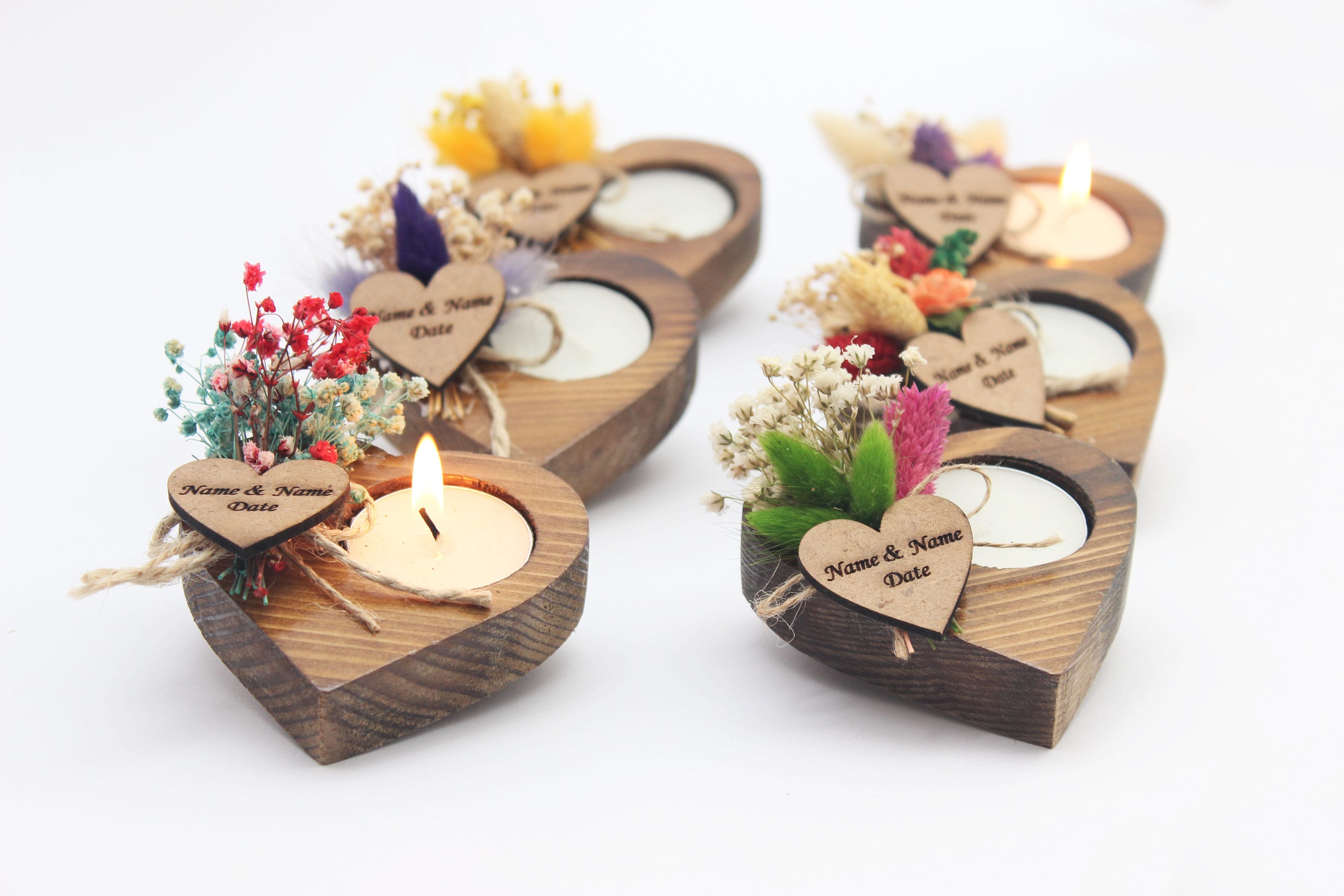 Heart Wooden Holder , Wooden Tealight Souvenir , Guest For Gifts , Celebration Gifts , Personalized With Flower , Dry Flower Gift on wooden tealight holder