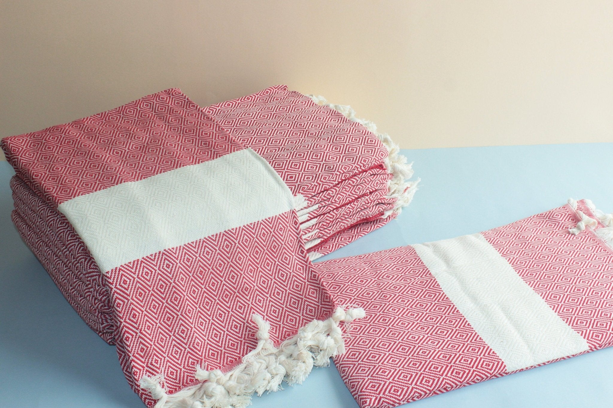 Red Personalized Beach Diamond Towel Peshtemal Bath Cotton Organic Pool Turkishdowry - EventSouvenirs