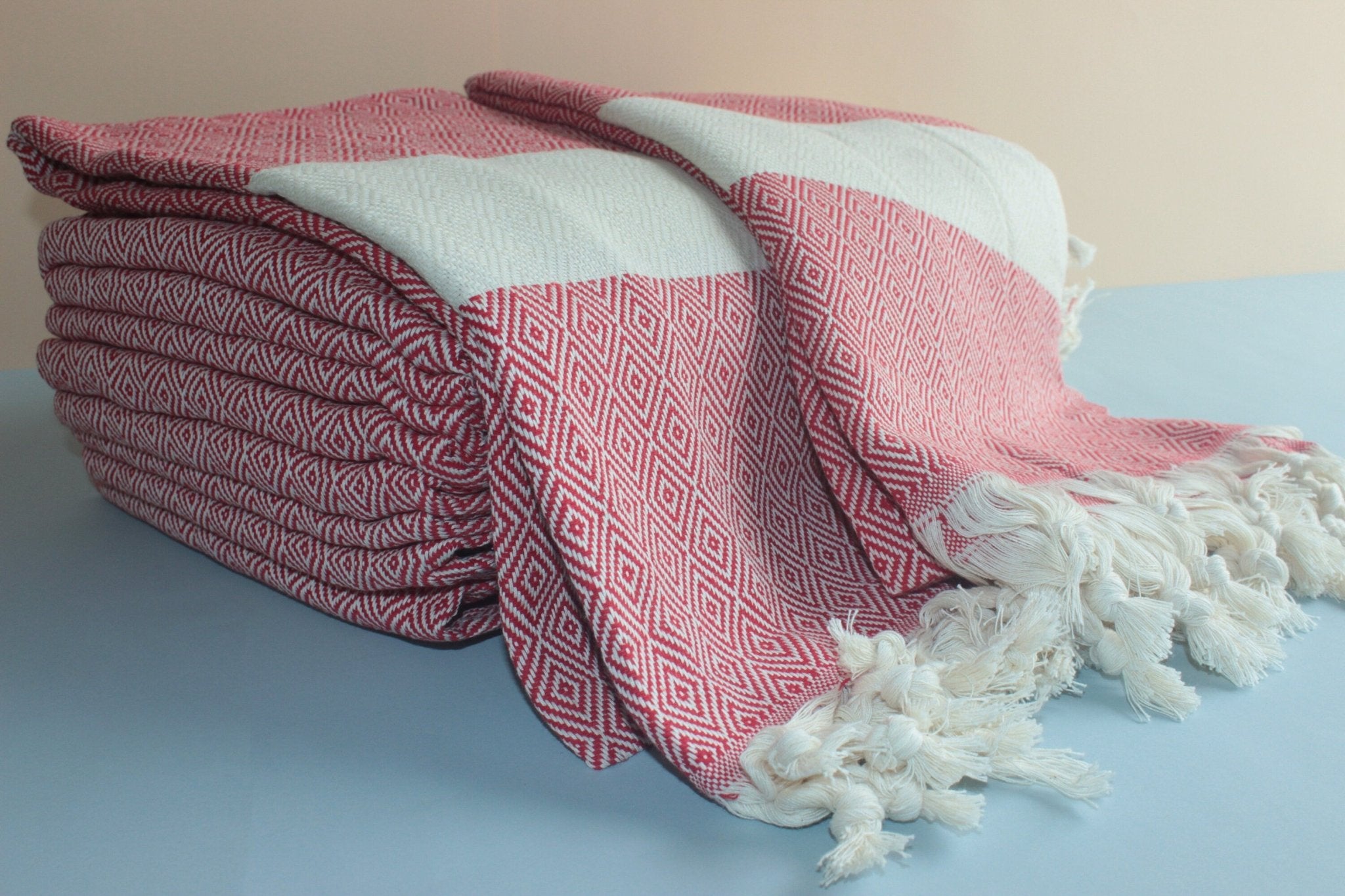 Red Personalized Beach Diamond Towel Peshtemal Bath Cotton Organic Pool Turkishdowry - EventSouvenirs